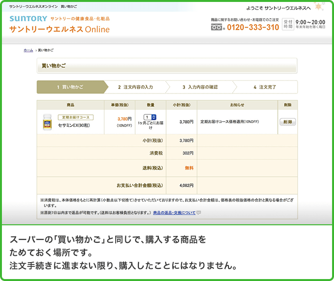 スーパーの「買い物かご」と同じで、購入する商品をためておく場所です。注文手続きに進まない限り、購入したことにはなりません。