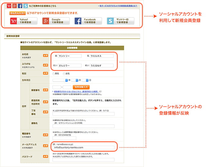 ソーシャルアカウントを利用して新規会員登録、ソーシャルアカウントの登録情報が反映