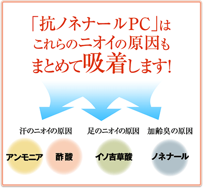 「抗ノネナールPC」はこれらのニオイの原因もまとめて吸着します！ 汗のニオイの原因 アンモニア 酢酸 足のニオイの原因 イソ吉草酸 加齢臭の原因 ノネナール