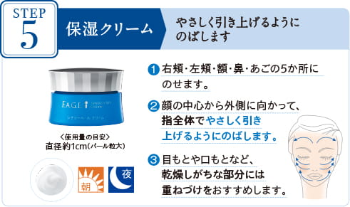 STEP5保湿クリーム：やさしく引き上げるようにのばします。1:右頬・左頬・額・鼻・あごの5か所にのせます。2:顔の中心から外側に向かって、指全体でやさしく引き上げるようにのばします。3:目もとや口もとなど、乾燥しがちな部分には重ねづけをおすすめします。＊使用量の目安：直径1cm（パール粒大）