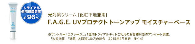光対策クリーム[化粧下地兼用] F.A.G.E. UVプロテクト トーンアップ モイスチャーベース トライアル使用感満足度約96％※サントリー「エファージュ」1週間トライアルキットご利用のお客様対象のアンケート調査。「大変満足」「満足」と回答した方の割合　2015年4月実施　N=141