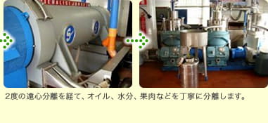 2度の遠心分離を経て、オイル、水分、果肉などを丁寧に分離します。