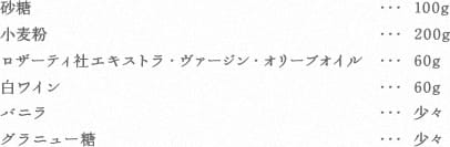 砂糖・・・100g
小麦粉・・・200g
ロザーティ社エキストラ・ヴァージン・オリーブオイル・・・60g
白ワイン・・・60g
バニラ・・・少々
グラニュー糖・・・少々