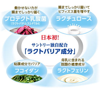 日本初！サントリー独自配分「ラクトバリア成分」 働かせない力が腸までしっかり届く プロテクト乳酸菌 ラクトバチルスS-PT84 腸までしっかり届いてビフィズス菌を増やす ラクチュロース 粘膜成分でバリア フコイダン 母乳に含まれる話題の健康成分 ラクトフェリン