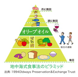 月に数回　週に数回　毎日　オリーブオイル　地中海式食事法のピラミッド 出典:1994 Oldways Preservation & Exchange Trust