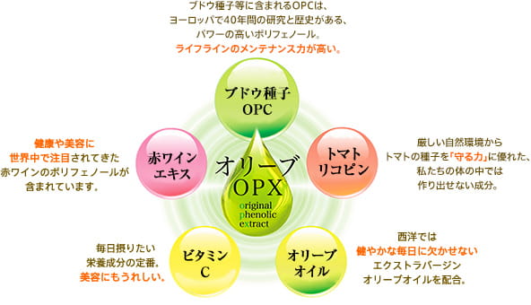 オリーブOPX ブドウ種子OPC ブドウ種子等に含まれるOPCは、ヨーロッパで40年間の研究と歴史がある、パワーの高いポリフェノール。ライフラインのメンテナンス力が高い。 トマトリコピン　　厳しい自然環境からトマトの種子を｢守る力｣に優れた、私たちの体の中では作り出せない成分。 オリーブオイル　西洋では健やかな毎日に欠かせないエクストラバージンオリーブオイルを配合。　ビタミンC　毎日摂りたい栄養成分の定番。美容にもうれしい。　赤ワインエキス　健康や美容に世界中で注目されてきた赤ワインのポリフェノールが含まれています。