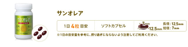 サンオレア　1日4粒目安　形状：ソフトカプセル　長径：12.5mm　短径：7mm　※1日の目安量を参考に、摂り過ぎにならないよう注意してご利用ください。