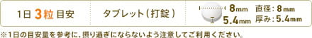 1日3粒目安 形状：タブレット(打錠) 直径：8mm 厚み：5.4mm ※1日の目安量を参考に、摂り過ぎにならないよう注意してご利用ください。