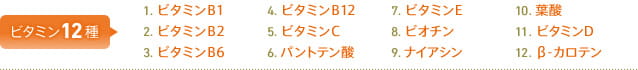 ビタミン12種 1.ビタミンB1 2.ビタミンB2 3.ビタミンB6 4.ビタミンB12 5.ビタミンC 6.パントテン酸 7.ビタミンE 8.ビオチン 9.ナイアシン 10.葉酸 11.ビタミンD 12.β-カロテン