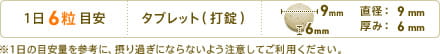 1日6粒目安 形状:タブレット(打錠) 直径:9mm 厚み:6mm ※1日の目安量を参考に、摂り過ぎにならないよう注意してご利用ください。
