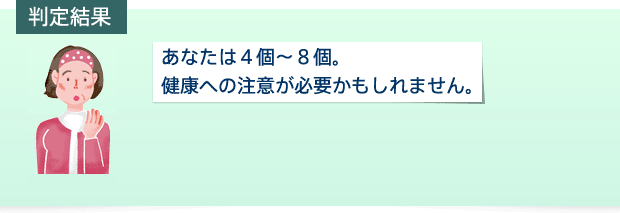 判定結果 あなたは4個~8個。健康への注意が必要かもしれません。