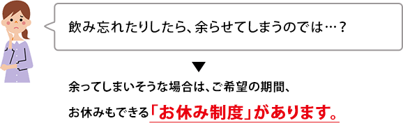 飲み忘れたりしたら、余らせてしまうのでは…？　余ってしまいそうな場合は、ご希望の期間、お休みもできる「お休み制度」があります。