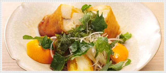 鰆の唐揚げ芽カブ掛け