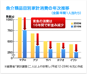 魚介類品目別家計消費の年次推移（全国：年間1人当たり）　青魚の消費は16年間で軒並み減少　※総務省「家計調査（二人以上の世帯）」（平成12-28年）を元に作成