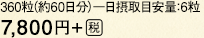 360粒（約60日分）一日摂取目安量：6粒 7,800円＋[税]