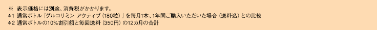 ※表示価格には別途、消費税がかかります。＊1 通常ボトル『グルコサミン アクティブ（180粒）』を毎月1本、1年間ご購入いただいた場合（送料込）との比較＊2 通常ボトルの10％割引額と毎回送料（350円）の12カ月の合計