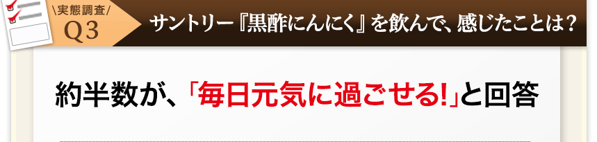 実態調査Ｑ3サントリー『黒酢にんにく』を飲んで、感じたことは？約半数が、「毎日元気に過ごせる！」と回答