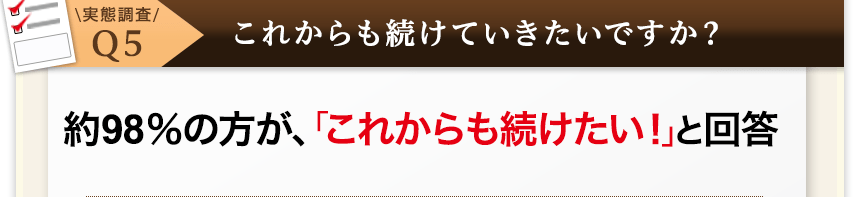実態調査Ｑ5これからも続けていきたいですか？約98％の方が、「これからも続けたい！」と回答