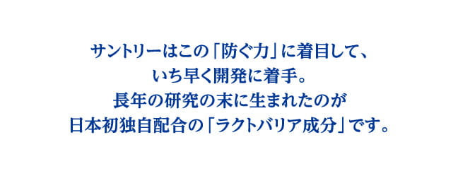 サントリーはこの「防ぐ力」に着目して、いち早く開発に着手。長年の研究の末に生まれたのが日本初独自配合の「ラクトバリア成分」です。