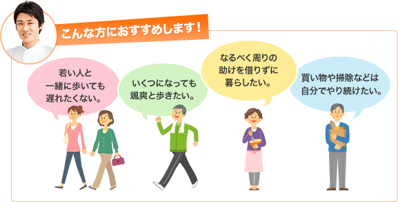 こんな方におすすめします！　若い人と一緒に歩いても遅れたくない。／いくつになっても颯爽と歩きたい。／なるべく周りの助けを借りずに暮らしたい。／買い物や掃除などは自分でやり続けたい。