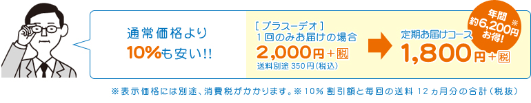 通常価格より10％も安い!![プラス-デオ]  1回のみお届けの場合2,000円＋税　送料別途350円（税込）　定期お届けコース　年間約6,200円※お得!　1,800円＋税　※表示価格には別途、消費税がかかります。※10%割引額と毎回の送料12ヵ月分の合計（税抜）
