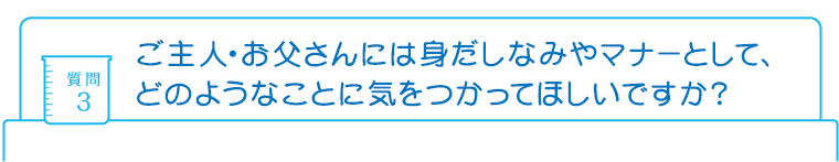 質問3：ご主人・お父さんには身だしなみやマナーとして、どのようなことに気をつかってほしいですか?