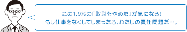 この1.9％の「取引をやめた」が気になる!もし仕事をなくしてしまったら、わたしの責任問題だ…。