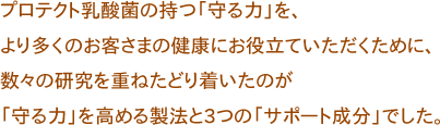 プロテクト乳酸菌の持つ「守る力」を、より多くのお客さまの健康にお役立ていただくために、数々の研究を重ねたどり着いたのが「守る力」を高める製法と3つの「サポート成分」でした。