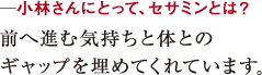 ─小林さんにとって、セサミンとは?前へ進む気持ちと体との
ギャップを埋めてくれています。
