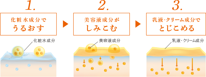 1.化粧水分でうるおす　2.美容液成分がしみこむ　3.乳液・クリーム成分でとじこめる