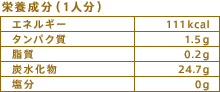 栄養成分（1人分）
エネルギー：111kcal
タンパク質：1.5g
脂質：0.2g
炭水化物：24.7g
塩分：0g
