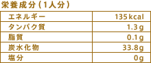 栄養成分（1人分）
エネルギー：135kcal
タンパク質：1.3g
脂質：0.1g
炭水化物：33.8g
塩分：0g