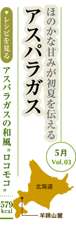5月Vol.03：ほのかな甘みが初夏を伝える　アスパラガス
アスパラガスの和風"ロコモコ"：579kcal