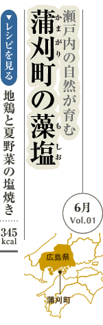 6月Vol.01：瀬戸内の自然が育む　蒲刈町の藻塩
地鶏と夏野菜の塩焼き：345kcal