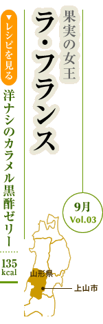 9月Vol.03：果実の女王　ラ・フランス
洋ナシのカラメル黒酢ゼリー：135kcal