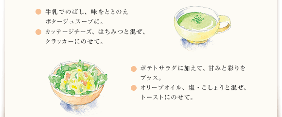●牛乳でのばし、味をととのえポタージュスープに。　●カッテージチーズ、はちみつと混ぜ、クラッカーにのせて。　●ポテトサラダに加えて、甘みと彩りをプラス。　●オリーブオイル、塩・こしょうと混ぜ、トーストにのせて。