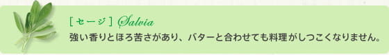 セージ 強い香りとほろ苦さがあり、バターと合わせても料理がしつこくなりません。