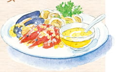 魚介のワイン蒸し　黒酢のマヨネーズ風ソース