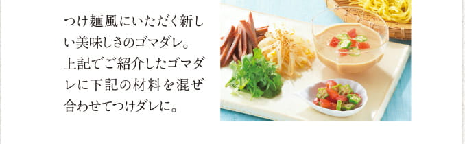 つけ麺風にいただく新しい美味しさのゴマダレ。上記でご紹介したゴマダレに下記の材料を混ぜ合わせてつけダレに。