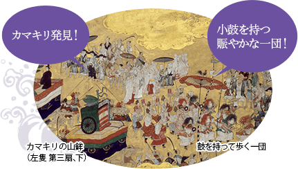 カマキリの山鉾（左隻 第三扇、下）「カマキリ発見！」、鼓を持って歩く一団「小鼓」