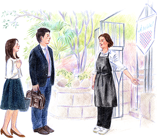 諸戸 圭さんのキッチンスタジオを訪ねる天明・河原林のイラスト。