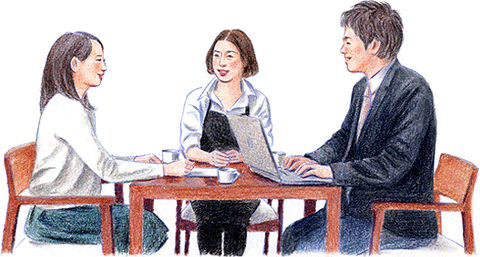 ウエルネス料理の打ち合わせをする天明・河原林と諸戸 圭さんのイラスト。