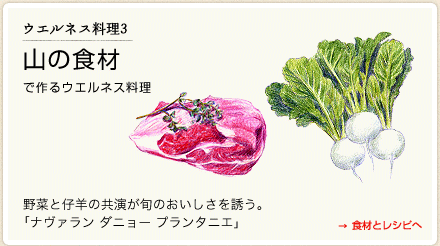 ウエルネス料理３　山の食材で作るウエルネス料理 →食材とレシピへ　野菜と仔羊の共演が旬のおいしさを誘う。　「ナヴァラン ダニョー プランタニエ」