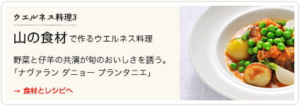 ウエルネス料理３　山の食材で作るウエルネス料理 →食材とレシピへ　野菜と仔羊の共演が旬のおいしさを誘う。　「ナヴァラン ダニョー プランタニエ」