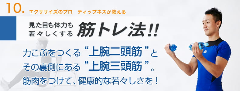 10　エクササイズのプロ　ティップネスが教える　見た目も体力も若々しくする筋トレ法！！力こぶをつくる「上腕二頭筋」とその裏側にある「上腕三頭筋」。筋肉をつけて、健康的な若々しさを！