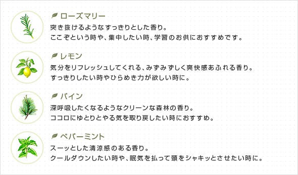 
■ローズマリー
突き抜けるようなすっきりとした香り。ここぞという時や、集中したい時、学習のお供におすすめです。
■レモン
気分をリフレッシュしてくれる、みずみずしく爽快感あふれる香り。すっきりしたい時やひらめき力が欲しい時に。
■パイン
深呼吸したくなるようなクリーンな森林の香り。ココロにゆとりとやる気を取り戻したい時におすすめ。
■ペパーミント
スーッとした清涼感のある香り。クールダウンしたい時や、眠気を払って頭をシャキッとさせたい時に。