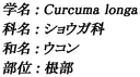 学名：Curcuma longa / 科名：ショウガ科 / 和名：ウコン / 部位：根部