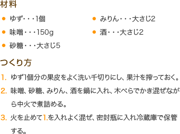 材料
・ゆず・・・1個
・味噌・・・150g
・砂糖・・・大さじ5
・みりん・・・大さじ2
・酒・・・大さじ2
つくり方
1.ゆず1個分の果皮をよく洗い千切りにし、果汁を搾っておく。
2.味噌、砂糖、みりん、酒を鍋に入れ、木べらでかき混ぜながら中火で煮詰める。
3.火を止めて1.を入れよく混ぜ、密封瓶に入れ冷蔵庫で保管する。