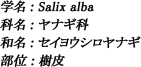 学名：Salix alba / 科名：ヤナギ科 / 和名：セイヨウシロヤナギ / 部位：樹皮