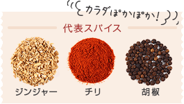 代表スパイス（ジンジャー、チリ、胡椒）の画像